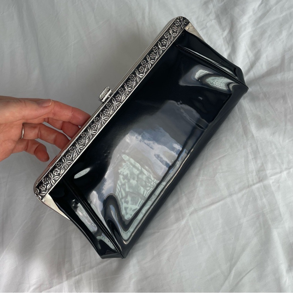 Vintage Black Patent Leather Vinyl Floral Clutch Evening Bag - Picture 12 of 13